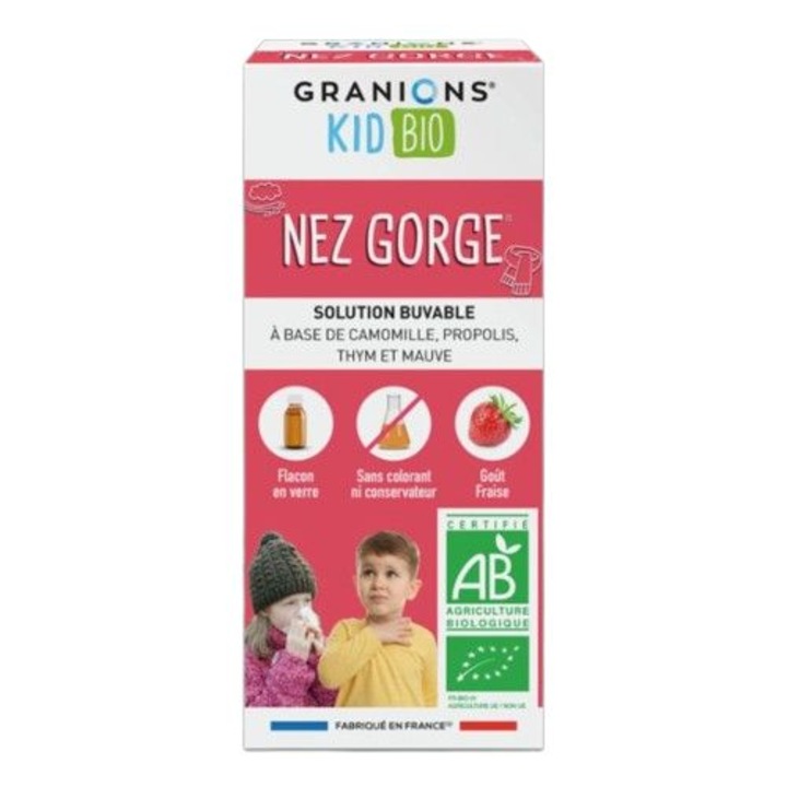 Sirop BIO pentru copii, nas si gat, Nez Gorge, Granions, aroma capsuni, 125 ml