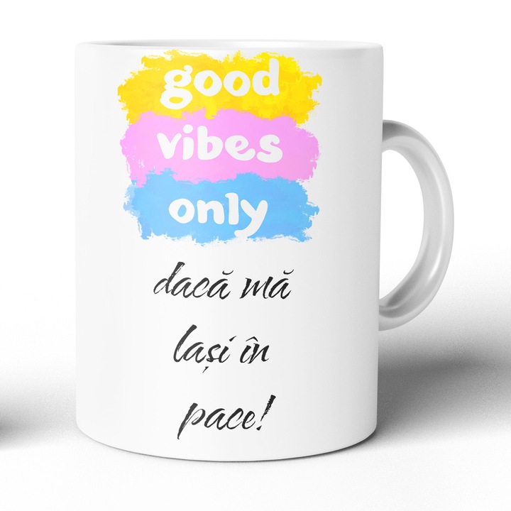 Cana Cadou Din Ceramica JOYSTOS Cu Mesaj Amuzant „Good Vibes Only Daca Ma Lasi In Pace!”, 330 Ml, Pentru Femei Cu Simtul Umorului, Mama, Sefa, Sora, Colega, Prietena