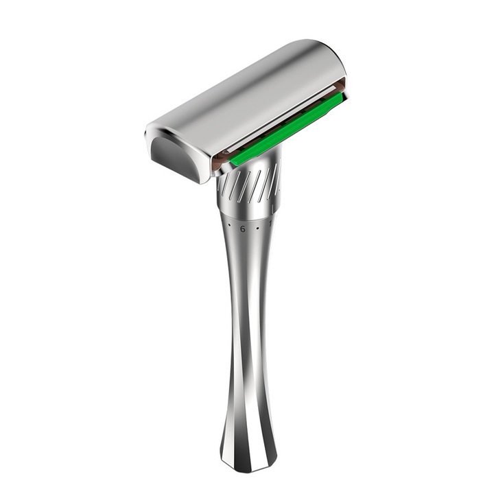 Aparat de ras clasic, BOMSTOM, safety razor, metal zinc, design elegant, ecologic, argintiu, 116.4x52.5mm, set 5 lame