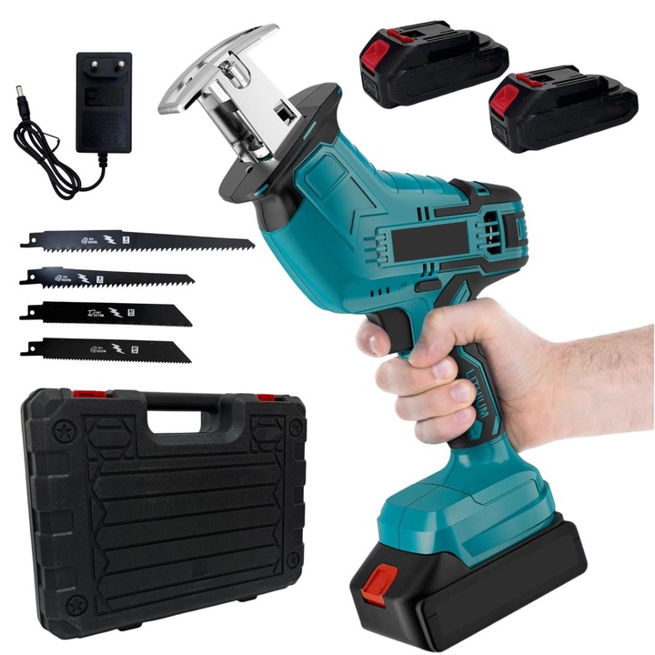 Fierastrau Electric Sabie Profesional, cu 4 Panze, 2 Acumulatori 36V, incarcator, Autonomie 3 Ore, Pentru Multiple Materiale, valiza de transport inclus, Albastru-Negru, HAPPY JOKER®