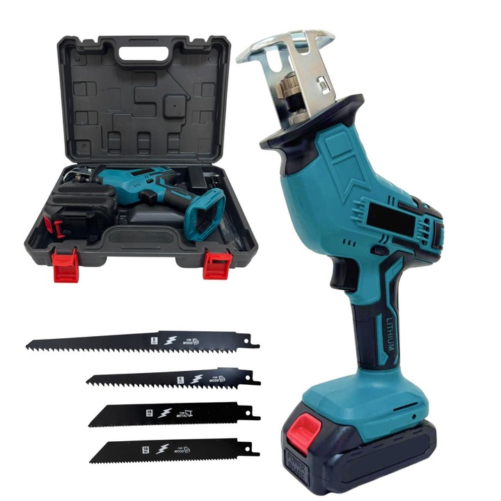 Fierastrau Electric Sabie Profesional, cu 4 Panze, 2 Acumulatori 48V, incarcator, Autonomie 3 Ore, Pentru Multiple Materiale, valiza de transport inclus, Albastru, HAPPY JOKER®