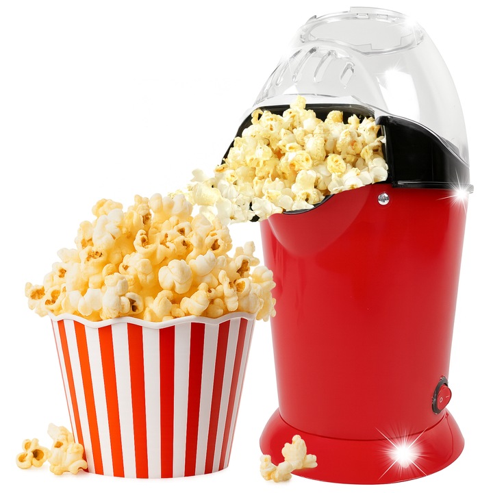 Aparat Popcorn 1200W Fara Ulei – Rapid, Elegant, Aer Cald, 2-3 Min, Valabil Pentru Acasa, Cu Capac Si Lingura