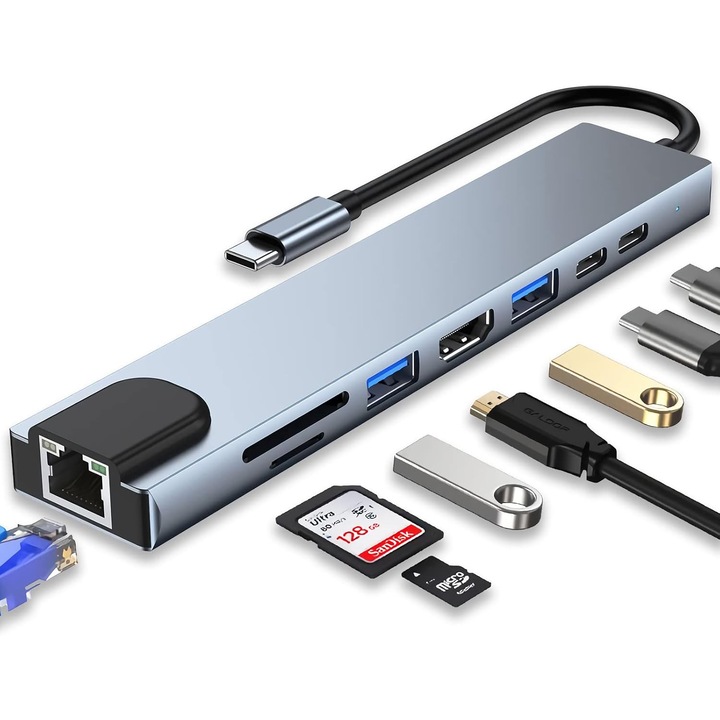 Hub USB-C 8-in-1, statie andocare cu LAN 100M, HDMI 4K, USB 2.0, card reader SD/TF, alimentare PD100W, aluminiu