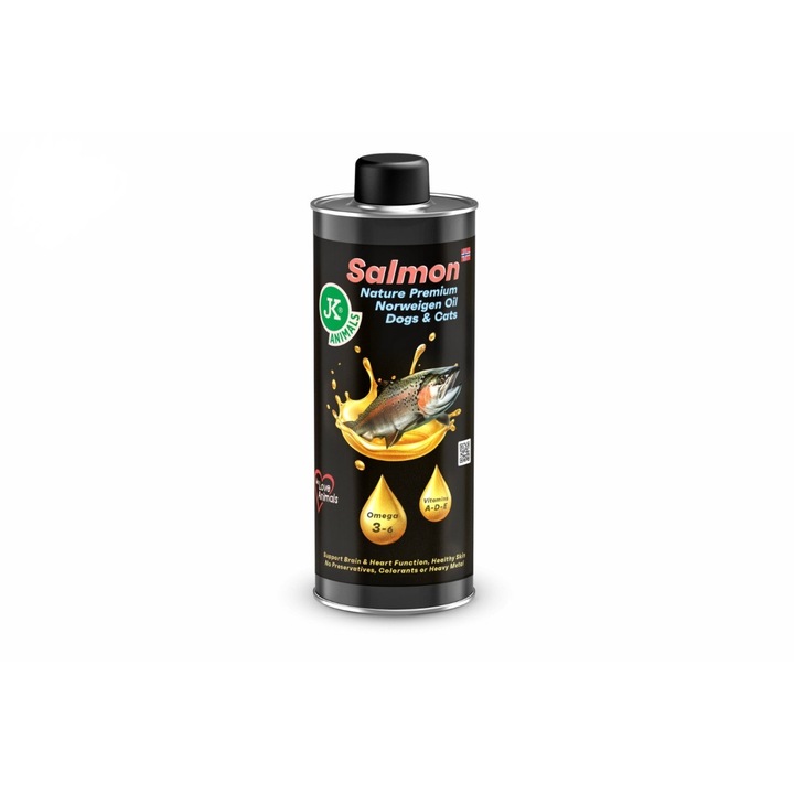 Ulei Pur de Somon Norvegian Premium (250 ml) JK - Supliment Omega 3-6 pentru Caini si Pisici, Piele Sanatoasa, Blana Stralucitoare