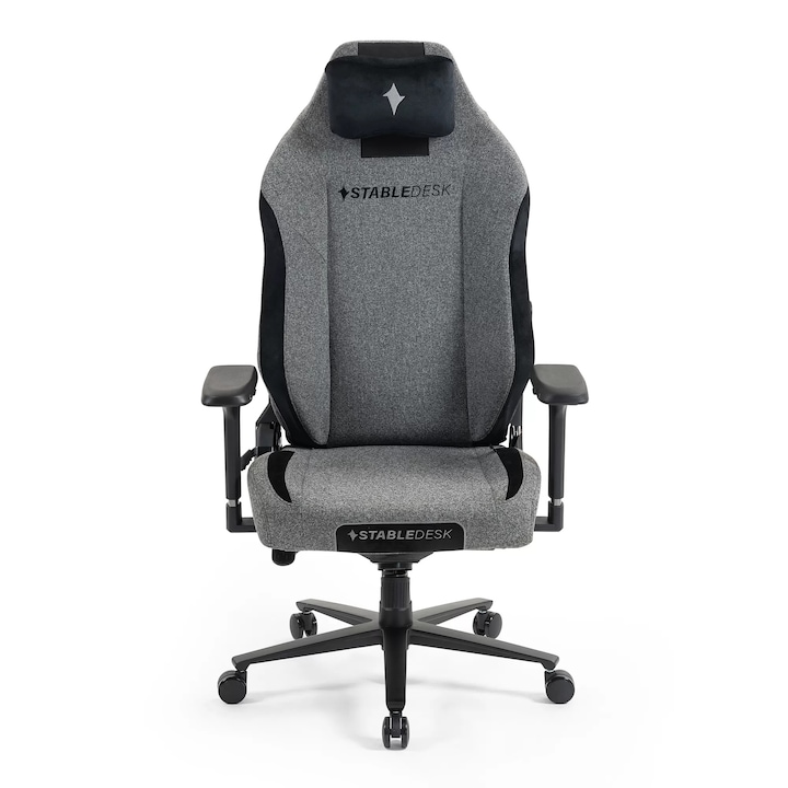 Scaun Gaming Ergonomic StableDesk Gaming Ultra, Cotiere 4D Reglabile, Spatar Inalt 86.5cm, Tetiera Magnetica, Suport Lombar Reglabil, Mesh Textil, Lift LANT Clasa 4, Baza Aluminiu, Roti PU, Suporta pana la 150kg - Gri/Negru
