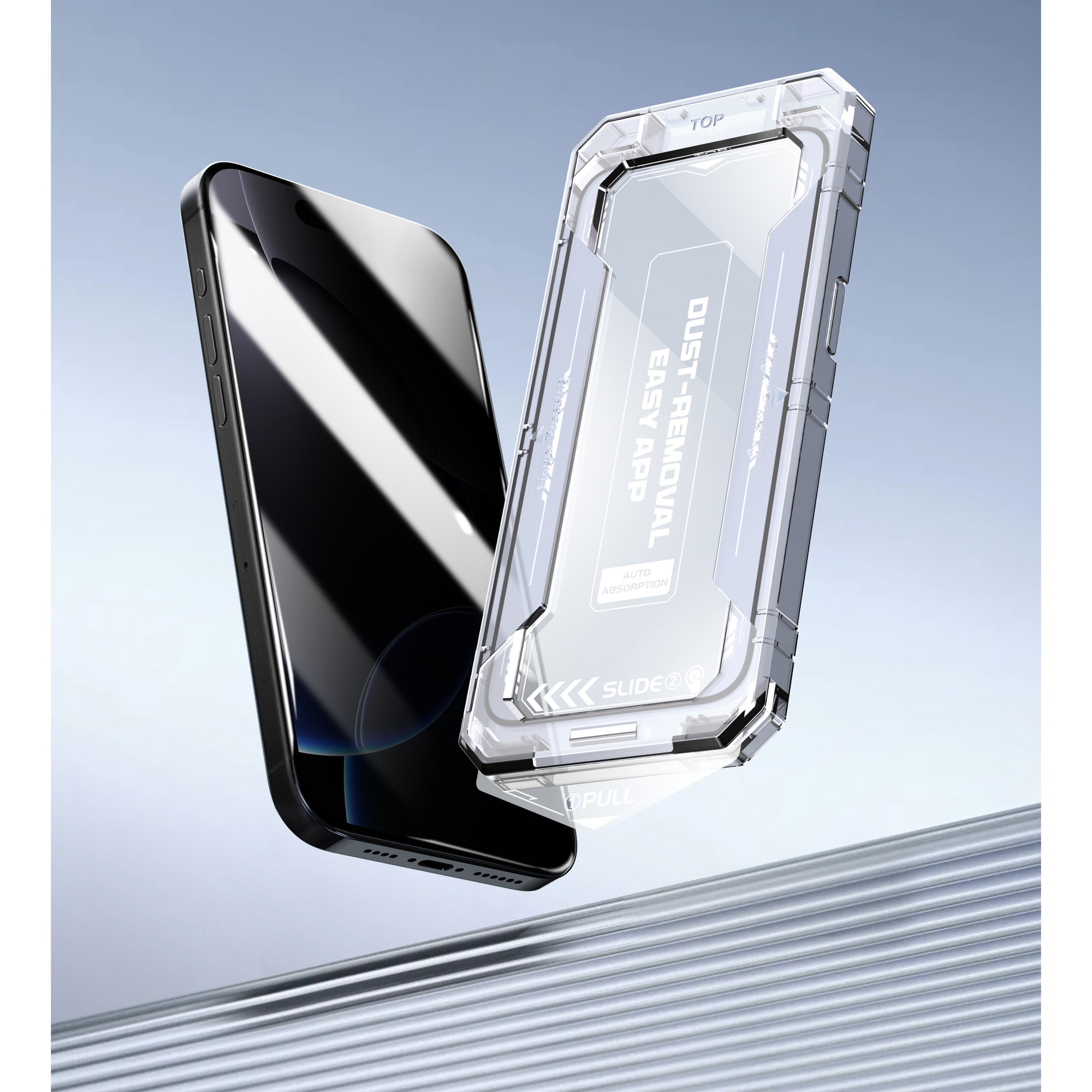 Folie sticla Privacy pentru Iphone 16, Iphone 15, Sticla securizata B Series, Anti-amprenta, Anti-Static Flexibila, Margini Negre Aluminiu, Strat Oleofob 6.1", instalare usoara, rapida cu dispozitiv de potrivire automata, Easy Install Kit, RikBo®