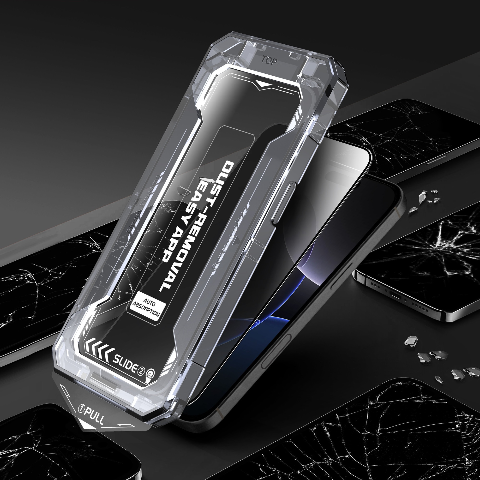 Folie sticla Privacy pentru Iphone 16, Iphone 15, Sticla securizata B Series, Anti-amprenta, Anti-Static Flexibila, Margini Negre Aluminiu, Strat Oleofob 6.1", instalare usoara, rapida cu dispozitiv de potrivire automata, Easy Install Kit, RikBo®