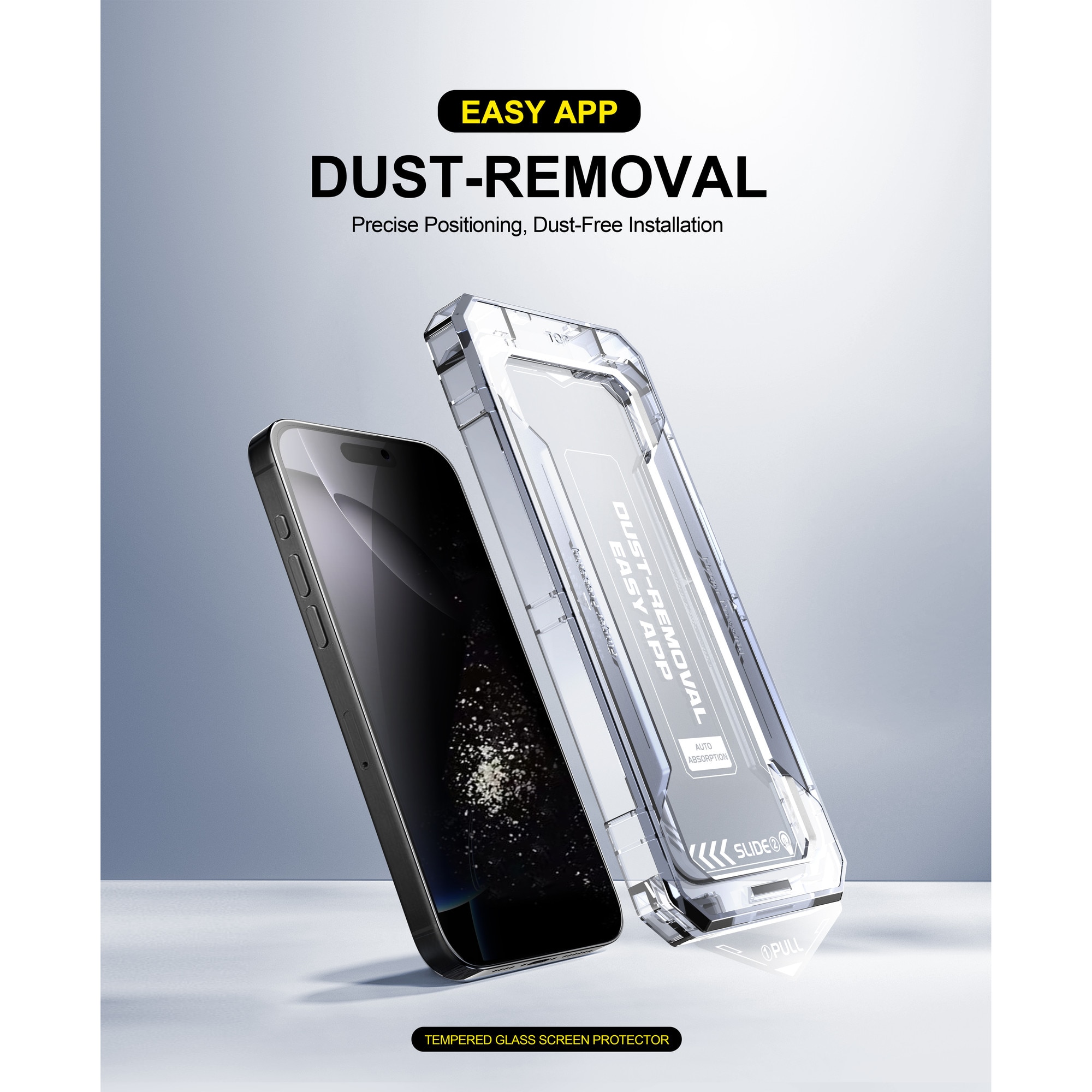 Folie sticla Privacy pentru Iphone 16, Iphone 15, Sticla securizata B Series, Anti-amprenta, Anti-Static Flexibila, Margini Negre Aluminiu, Strat Oleofob 6.1", instalare usoara, rapida cu dispozitiv de potrivire automata, Easy Install Kit, RikBo®