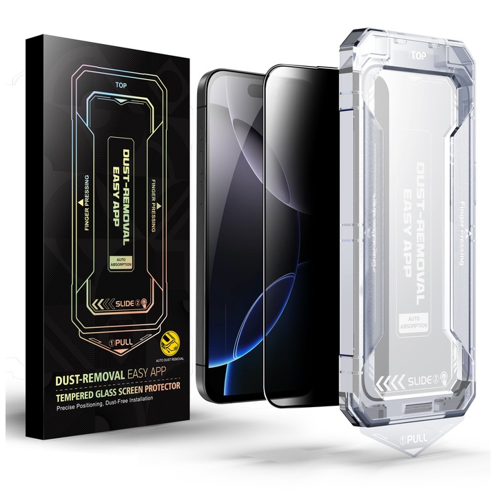 Folie sticla Privacy pentru Iphone 16 Pro, Sticla securizata B Series, Anti-amprenta, Anti-Static Flexibila, Margini Negre Aluminiu, Strat Oleofob 6.3", instalare usoara si rapida cu dispozitiv de potrivire automata, Easy Install Kit, RikBo®