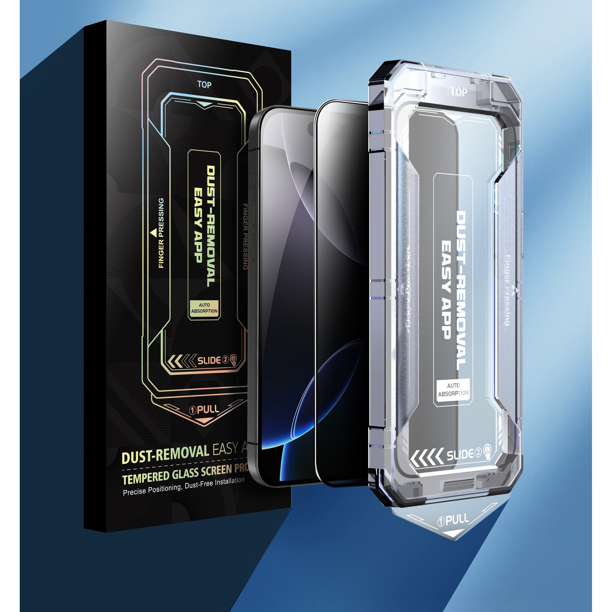 Folie sticla Privacy pentru Iphone 16, Iphone 15, Sticla securizata B Series, Anti-amprenta, Anti-Static Flexibila, Margini Negre Aluminiu, Strat Oleofob 6.1", instalare usoara, rapida cu dispozitiv de potrivire automata, Easy Install Kit, RikBo®