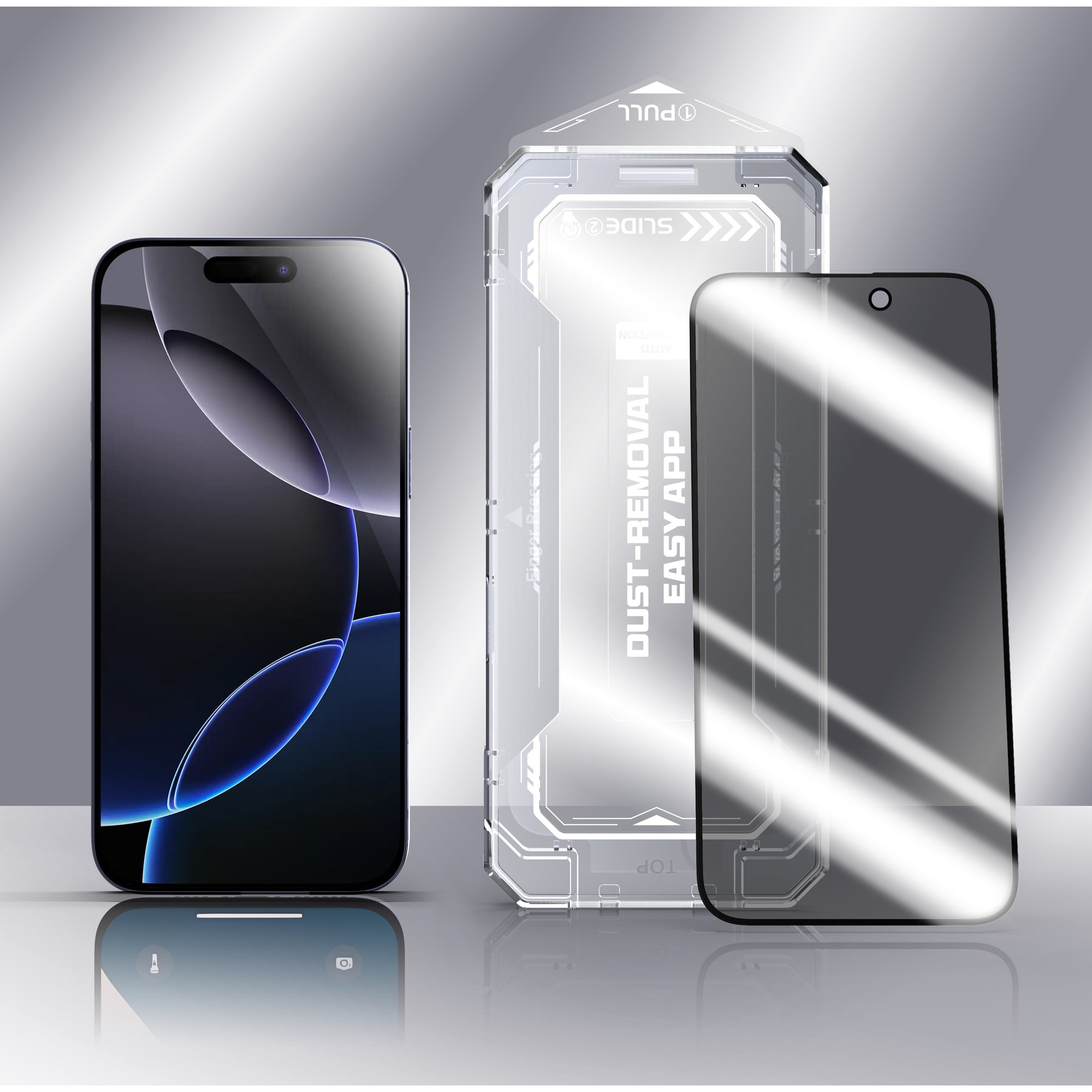 Folie sticla Privacy pentru Iphone 16, Iphone 15, Sticla securizata B Series, Anti-amprenta, Anti-Static Flexibila, Margini Negre Aluminiu, Strat Oleofob 6.1", instalare usoara, rapida cu dispozitiv de potrivire automata, Easy Install Kit, RikBo®