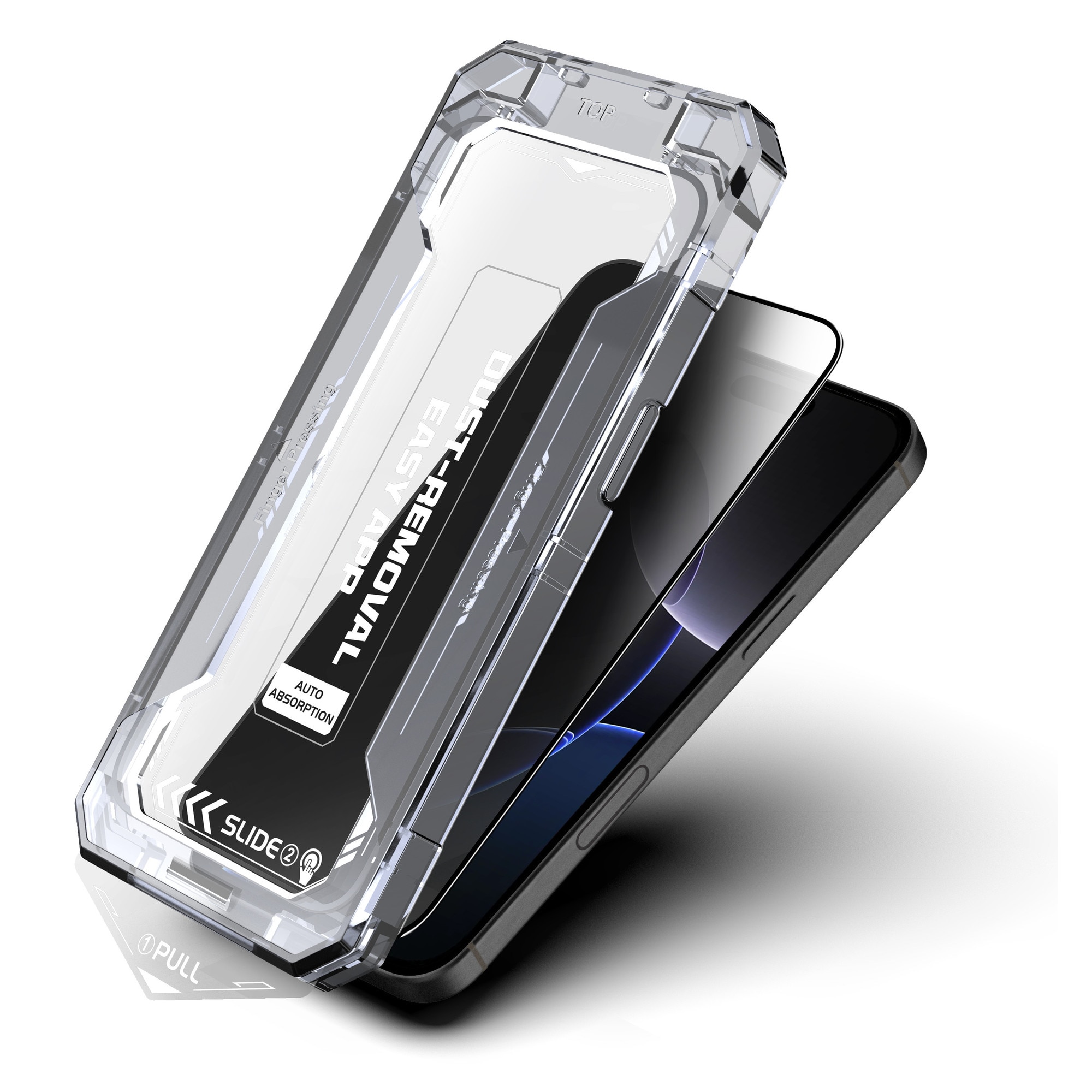 Folie sticla Privacy pentru Iphone 16, Iphone 15, Sticla securizata B Series, Anti-amprenta, Anti-Static Flexibila, Margini Negre Aluminiu, Strat Oleofob 6.1", instalare usoara, rapida cu dispozitiv de potrivire automata, Easy Install Kit, RikBo®