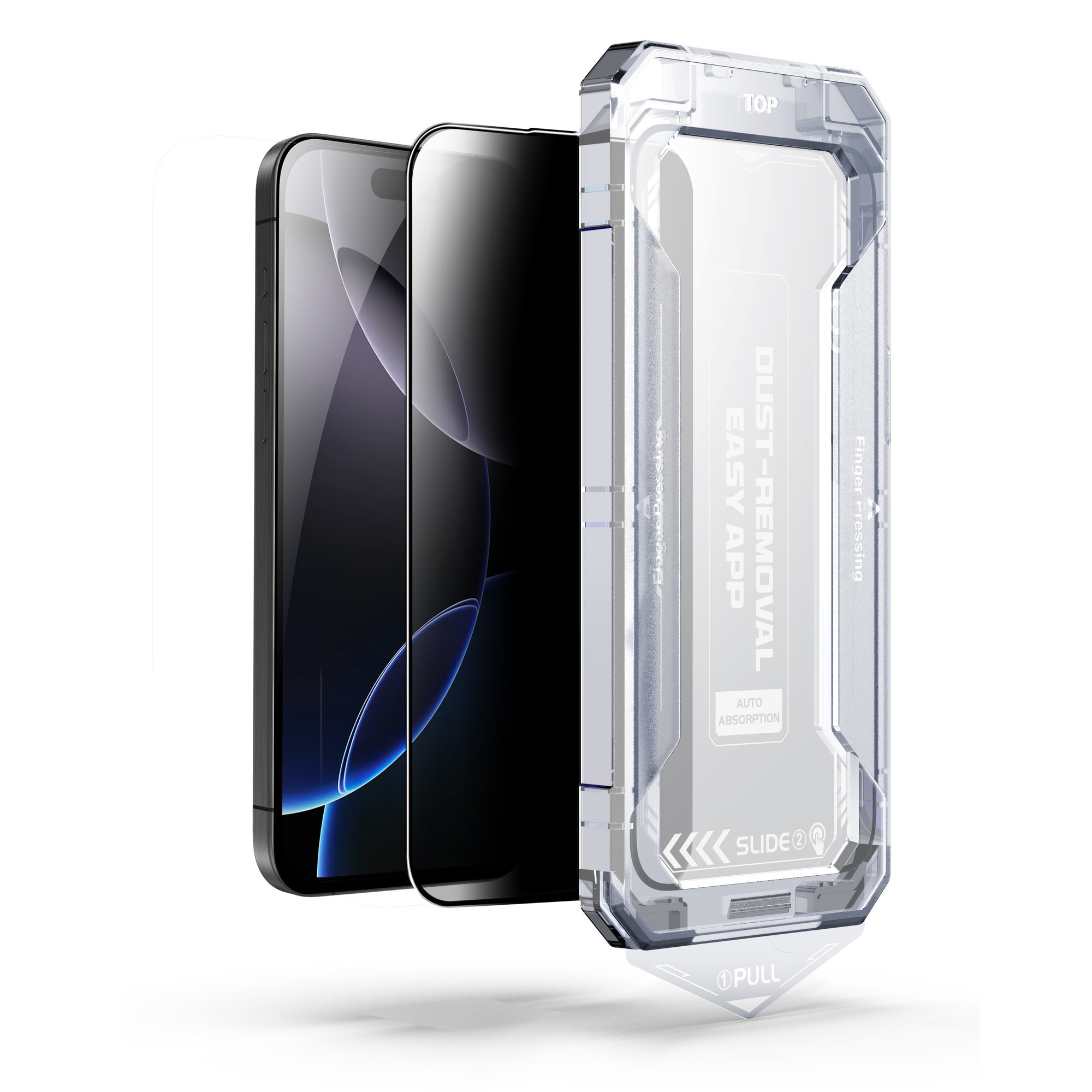 Folie sticla Privacy pentru Iphone 16, Iphone 15, Sticla securizata B Series, Anti-amprenta, Anti-Static Flexibila, Margini Negre Aluminiu, Strat Oleofob 6.1", instalare usoara, rapida cu dispozitiv de potrivire automata, Easy Install Kit, RikBo®
