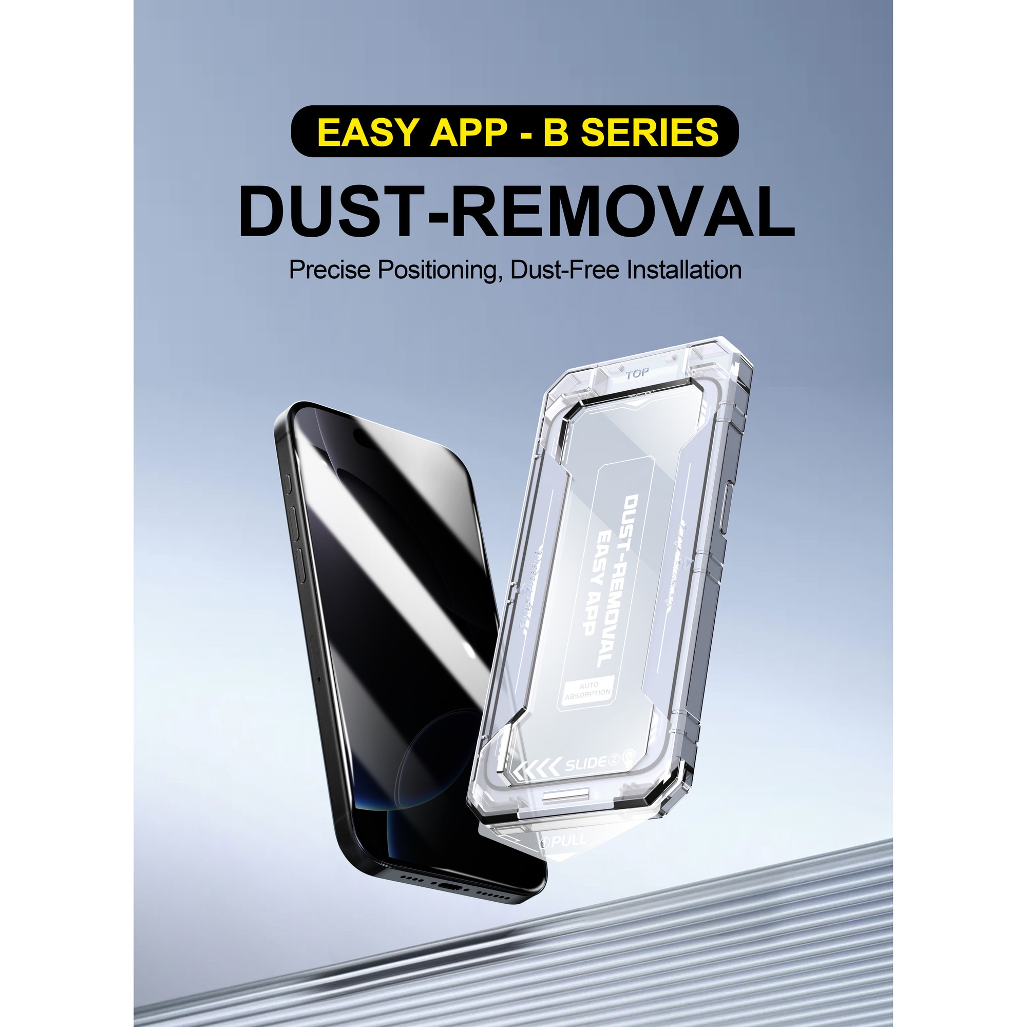Folie sticla Privacy pentru Iphone 16, Iphone 15, Sticla securizata B Series, Anti-amprenta, Anti-Static Flexibila, Margini Negre Aluminiu, Strat Oleofob 6.1", instalare usoara, rapida cu dispozitiv de potrivire automata, Easy Install Kit, RikBo®