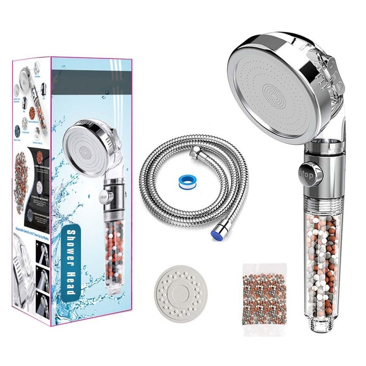 Set de dus Haiaveng, 3 jeturi, pietre minerale, economisire apa, furtun, argintiu