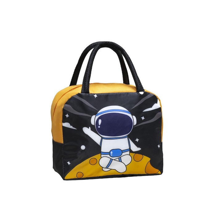 Детска термо чанта, Comando Eats, Удобен дизайн, Оксфордски плат, Ултрапреносима, 23x13x19 см, Модел на астронавт, Черна, Жълта