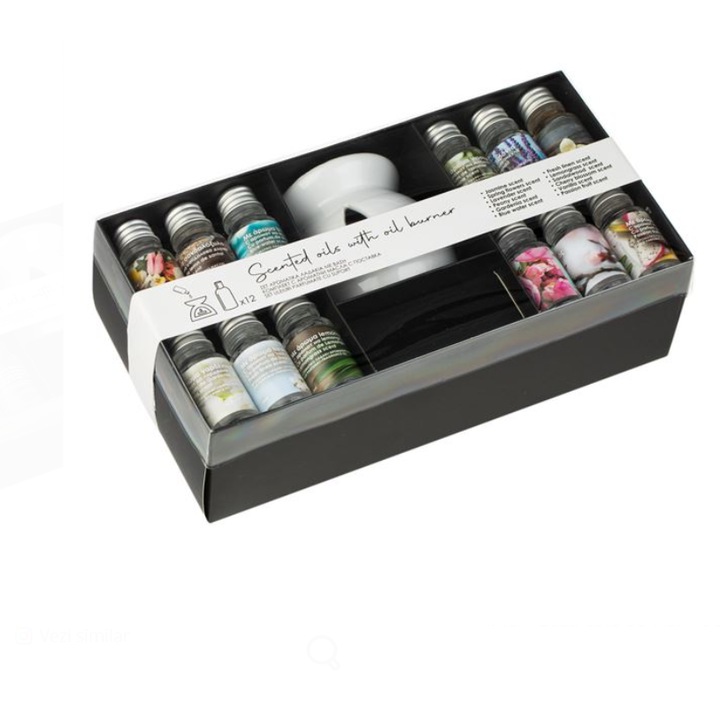 Комплект за ароматерапия с поставка от бяла глина, 12 ароматизирани етерични масла 12 мл, Сандалово дърво, Лавандула, Жасмин, Ванилия, Божур, Лимонена трева