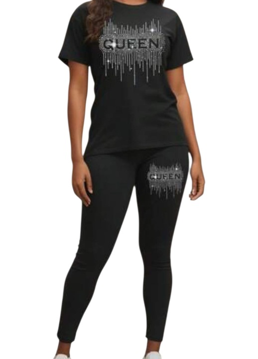 Compleu dama, din 2 piese, tricou si colant, din bumbac elastic, negru, S