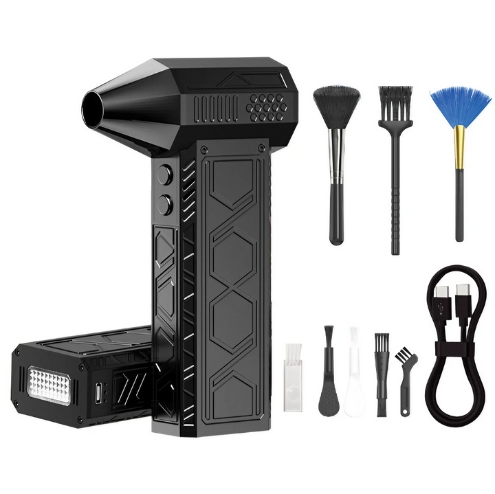 RR-LUX Sűrített levegős fúvó, akkus, turbóventilátor, 180000 fordulat/perc, 4 teljesítményszint, 80m/s légsebesség, 8000mAh akkumulátor, LED lámpa 4 világítási móddal, LCD kijelző, tartozékok, portalanításhoz, állatápoláshoz, fekete