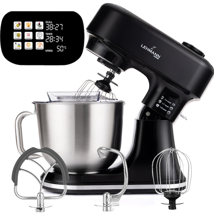 Robot de bucatarie planetar, Lehmann Aristo, 1500W, bol 5L, 12+4 programe, afisaj LCD, afisaj tactil, fermentare, cantar, cronometru, BPA Free, negru, functie de cantarire, 4.9 kg, 355x350x230mm