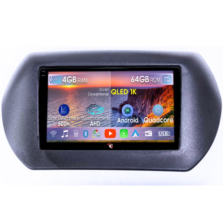 Navigatie dedicata Fiat Fiorino 2008/Citroen Nemo/Peugeot Bipper, 4GB RAM 64GB ROM, Octacore, Android 14, Display QLED 1K 10", Carplay&Android Auto, SIM 4G, Ventilator Activ