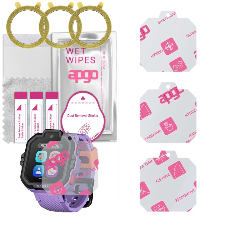 Set de 3 sticle de protectie pentru ceas TickTalk 5 TT5-PU-GSMA – apgo, full glue, sticla hibrida, lucioasa, protectie pentru afisajul ceasului, anti-zgarieturi