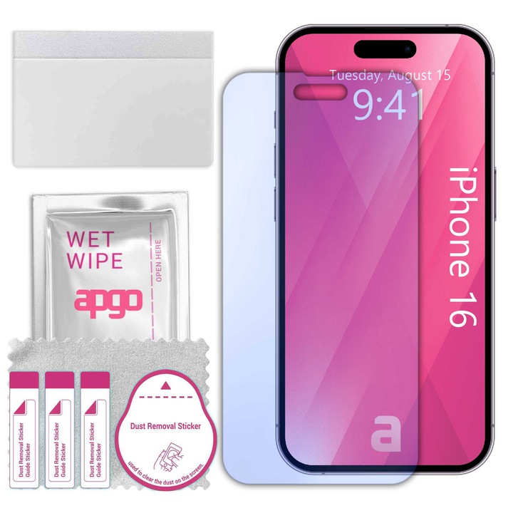 Sticla de protectie apgo pentru Apple iPhone 16 – sticla hibrida, securizata pentru display, lucioasa, pro flexible Hybrid Glass, 9H, full glue