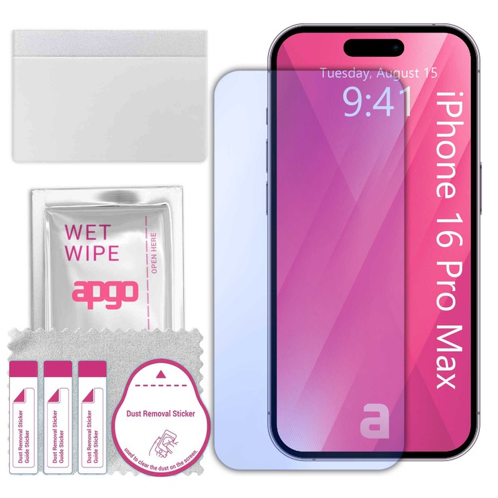 Sticla de protectie apgo pentru Apple iPhone 16 Pro Max (no camera cutout) – sticla hibrida, securizata pentru display, lucioasa, pro flexible Hybrid Glass, 9H, full glue