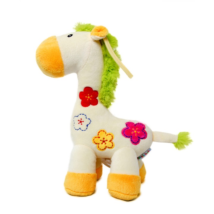 Jucarie plusata, beizhisi, girafa cu flori, muzicala, galbena, 33cm