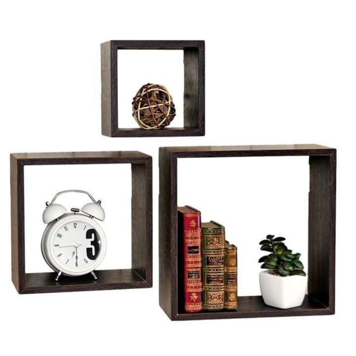 Set 3 rafturi suspendate, BREZIUM, cub, lemn MDF maro, 23x9x23cm, 18x9x18cm, 12.7x9x12.7cm