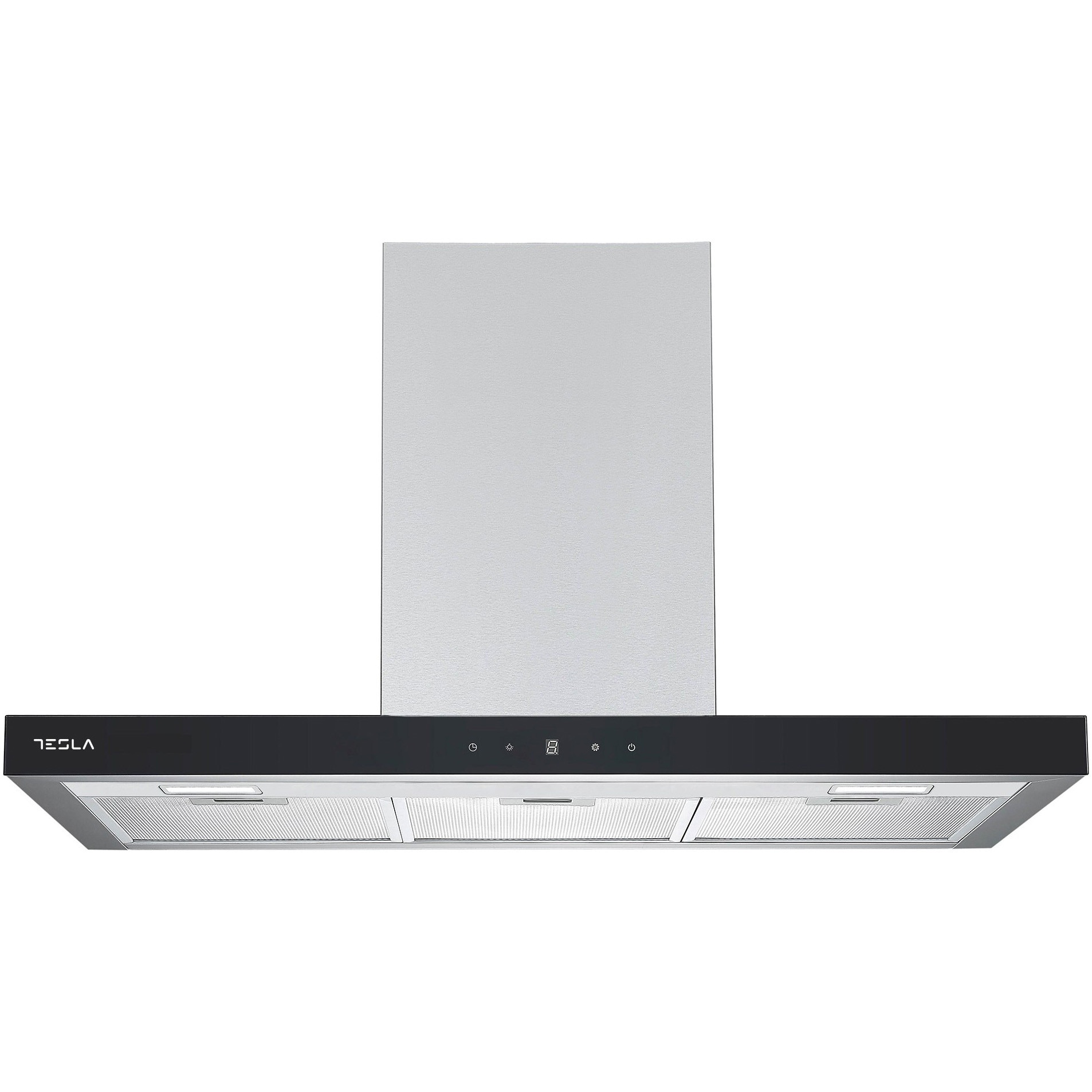 Hota decorativa Tesla DC900AXB, T-shape, 1 motor, Putere de absorbtie 630 m3/h, control digital, afisaj LED, 90 cm, Inox/sticla neagra