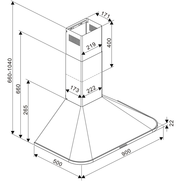 Hota decorativa semineu Tesla DC900AXP, 1 motor 190W, Putere de absorbtie 630 m3/h, 3 viteze, Led 2x2W, 90 cm, Inox