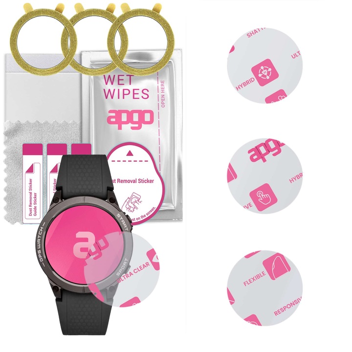 Комплект от 3 защитни стъкла за GPS часовник Watchmark - apgo, пълно лепило, хибридно стъкло, гланцово, защита на дисплея на часовника, защита от надраскване