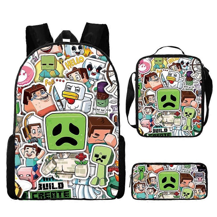 Ghiozdan scolar Benobby Kids Minecraft pentru elevi de scoala primara si secundara, set de trei piese pentru rucsac periferic pentru joc Minecraft, 58 - Nmaov
