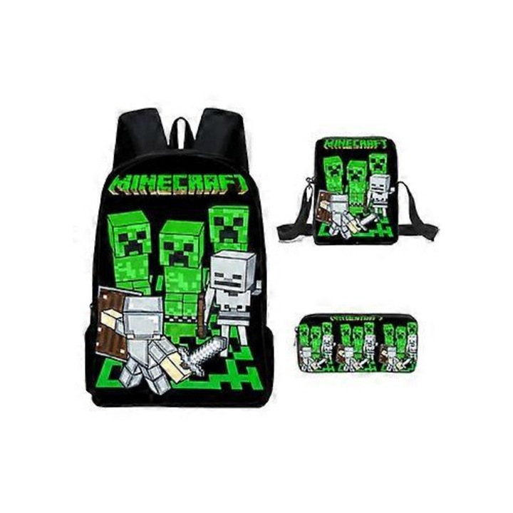 Ghiozdan scolar Benobby Kids Minecraft pentru elevi de scoala primara si secundara, set de trei piese pentru rucsac periferic pentru joc Minecraft, 27 - Nmaov