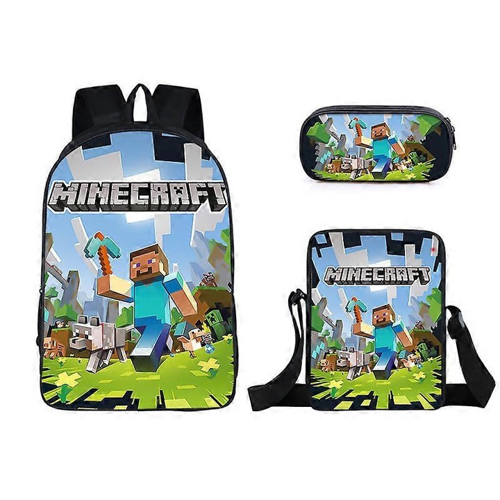 Ghiozdan scolar Benobby Kids Minecraft pentru elevi de scoala primara si secundara, set de trei piese pentru rucsacuri periferice pentru joc Minecraft, 15 bucati - Nmaov