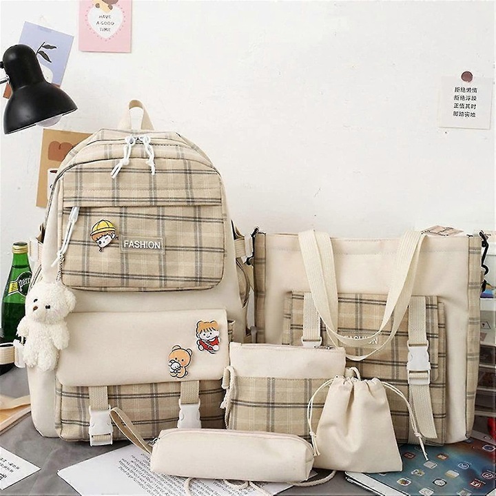 Rucsac scolar Benobby Kids, culoare kaki, stil Preppy, cu cutie de pranz, set de 5 rucsacuri dragute din panza, geanta pentru laptop in carouri, cu pandantiv dragut