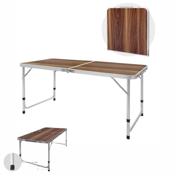 Masa Pliabilă Impact Vision, Aluminiu și MDF, 120x60cm, Culoare Argintie cu Decor Lemn, 4,3kg