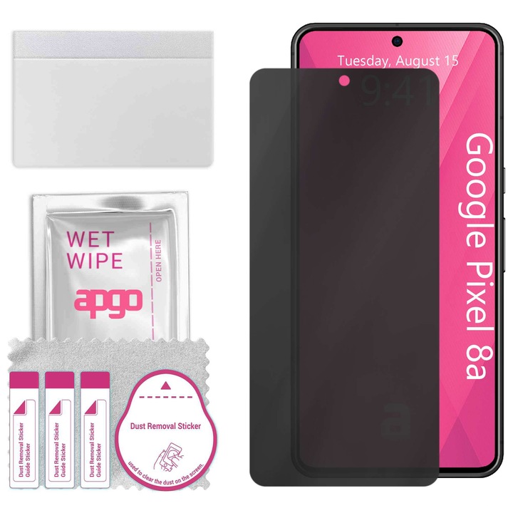 apgo PRIVACY védőüveg Google Pixel 8a-hoz – hibrid üveg, teljes ragasztó, rugalmas üveg