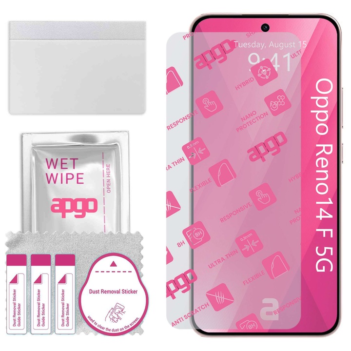 Sticla de protectie apgo pentru Oppo Reno14 F 5G – sticla hibrida, securizata pentru display, lucioasa, flexible Hybrid Glass, full glue