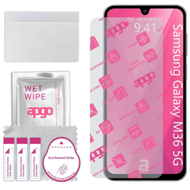 Apgo защитно стъкло за Samsung Galaxy M36 5G - хибридно стъкло, протектор за екран, гланцово, гъвкаво хибридно стъкло, пълно лепене