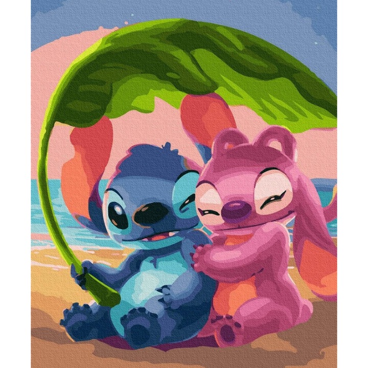 Комплект за рисуване по номера Стич и Ейнджъл, 40x50 см, 33 цвята, с платно, четки и рамка