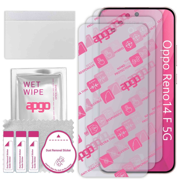 3x apgo Ultra-Clear Hybrid sticla protectoare compatibila cu Oppo Reno14 F 5G, sticla nano flexibila, inlocuire excelenta pentru sticla temperata