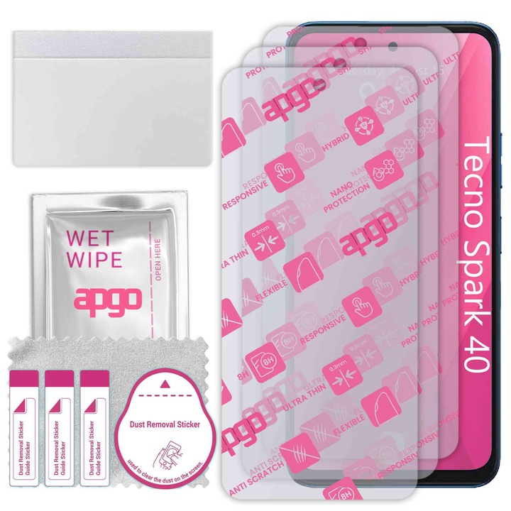 3x apgo Ultra-Clear Hybrid sticla protectoare compatibila cu Tecno Spark 40, sticla nano flexibila, inlocuire excelenta pentru sticla temperata