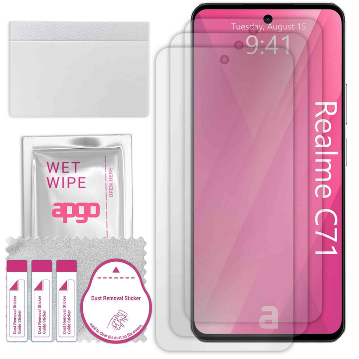 3x apgo протектор за екран за Realme C71 India – цял дисплей, гланцов, хидрогел, пълно лепене, 5D