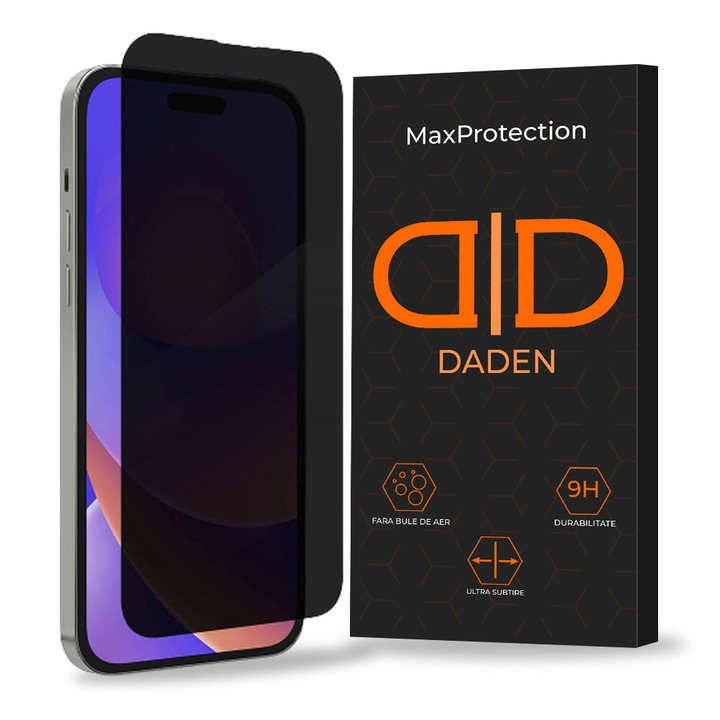 Folie de Sticla Privacy Daden MaxProtection pentru iPhone 15 Pro Max, Full Cover, Protectie Profesionala, Ultra Rezistenta, Calitate Premium