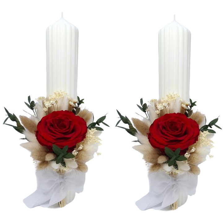 Set 2 lumanari cununie/nunta decorate cu trandafir criogenat premium si flori naturale criogenate/uscate, H40/D6 cm, Alb