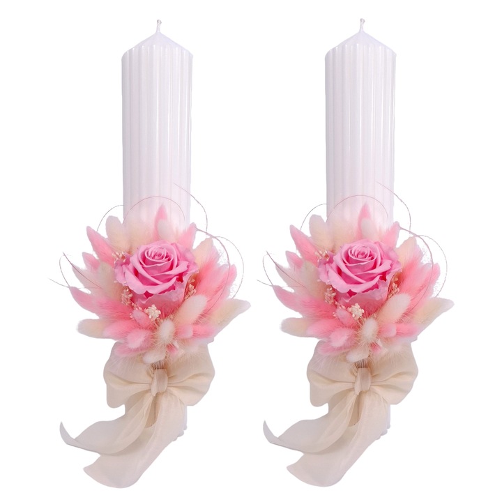 Set 2 lumanari cununie/nunta decorate cu trandafir criogenat si flori naturale criogenate/uscate, H40/D6 cm, Alb