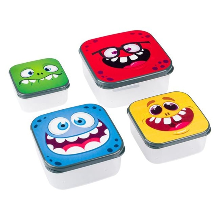 Set 4 caserole alimentare cu capac, Zanox, modele hazlii, multicolor, 300ml, 450ml, 650ml, 1000ml