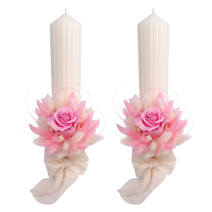 Set 2 lumanari cununie/nunta decorate cu trandafir criogenat si flori naturale criogenate/uscate, H35/D6 cm, Ivory